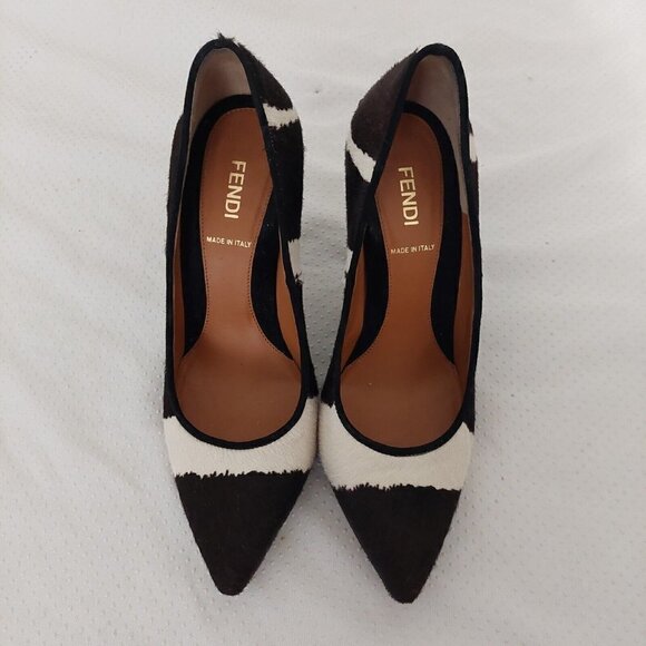 Fendi Italy Brown White Calf-hair Pointed Toe Diamond Cut Heeled Pump Size 36.5 - Picture 2 of 11
